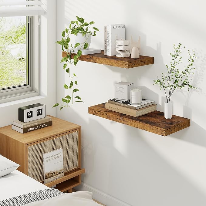 Fun Memories 24 Inch Floating Shelves for Wall, 9 Inch Deep Brown Rustic Wood Wall Mounted Shelves for Bathroom, Kitchen, Living Room, Set of 2-Ruum Studio Home