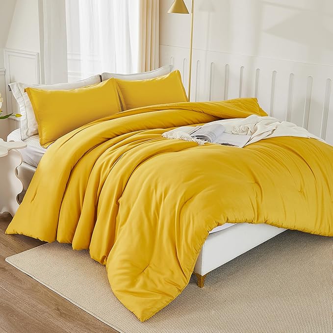 Litanika Mustard Yellow Comforter Set Queen Size, 3 Pieces Lightweight Solid Bedding Comforter Set, All Season Fluffy Bed Set (90x90In Comforter & 2 Pillowcases)-Ruum Studio Home