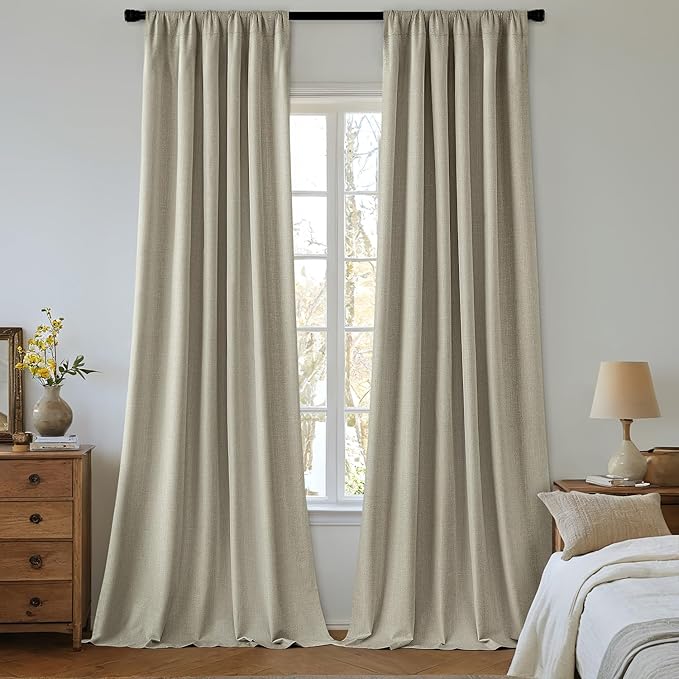 MIULEE 100% Blackout Curtains 120 Inch Long 2 Panels Set for Bedroom, Thick Luxury Faux Linen Black Out Curtain Room Darkening Back Tab Pleat Window Textured Drapes with Hooks for Living Room, Oatmeal-Ruum Studio Home