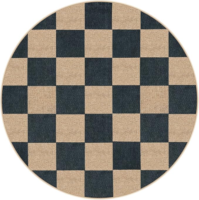 Lahome Checkered Easy Jute Rugs for Entryway, 3 ft Round Rug Small Indoor Outdoor Circle Carpet, Farmhouse Neutral Non Slip Non Shedding Black Carpet for Kitchen Front Porch Foyer-Ruum Studio Home