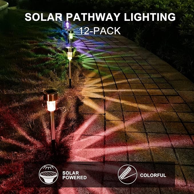 Solar Lights Outdoor Waterproof, Stainless Steel LED Landscape Lighting, Solar Garden Lights Solar Powered, Outdoor Solar Lights for Yard, Pathway, Walkway, Patio , Lawn - 12 Pack ( Multicolor )-Ruum Studio Home