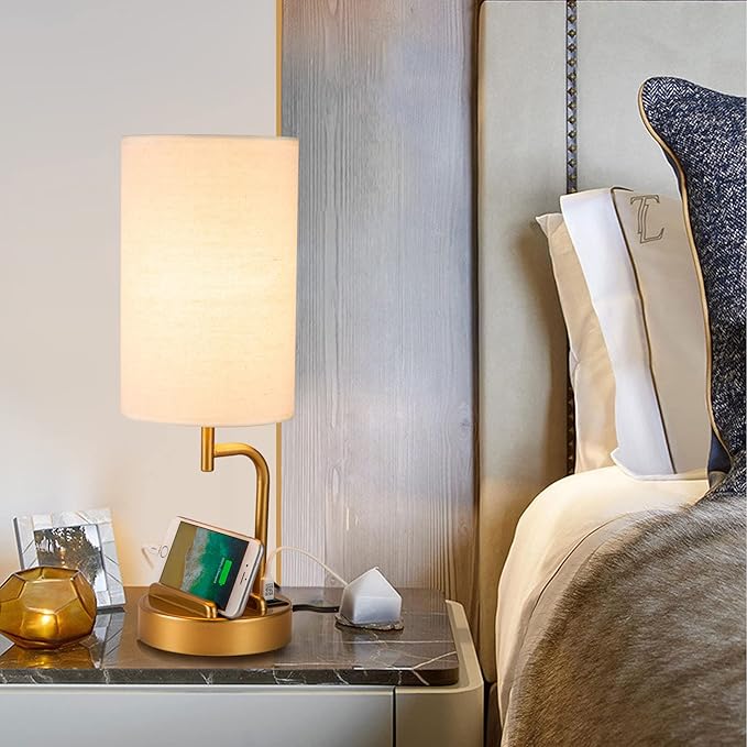 Dreamholder Touch Control USB Table Lamp, Upgraded 3-Way Dimmable Bedside Desk Lamp with USB C & A Charging Ports and AC Outlet, Nightstand Lamp for Bedroom, Dimmable Bulb Included, Gold-Ruum Studio Home
