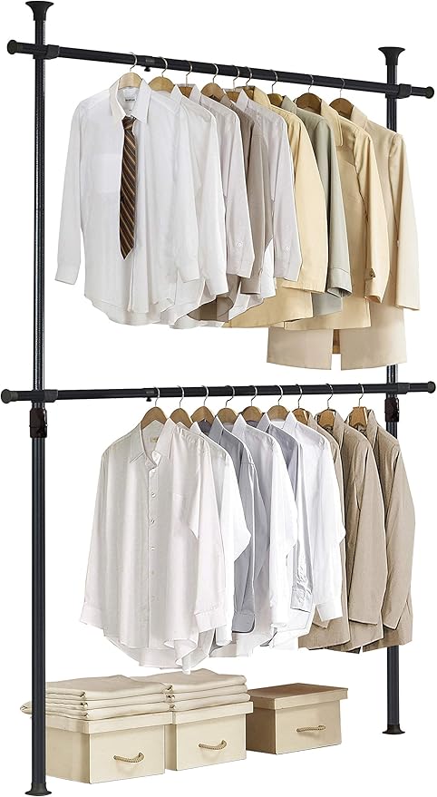 PRINCE HANGER Heavy Duty One Touch System Load 352LBS Clothing Racks for Hanging Clothes Metal Wardrobe Closet System Garment Tension Rod Free Standing Black Width Adjustable PHUS-0022-Ruum Studio Home