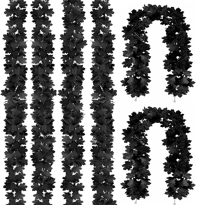 Joyhalo 6 Pack 5.7FT Black Maple Leaf Garland,Halloween Artificial Hanging Black Vines,Halloween Outdoor Garland for Mantle,Door Frame,Fireplace and Thanksgiving Decor-Ruum Studio Home