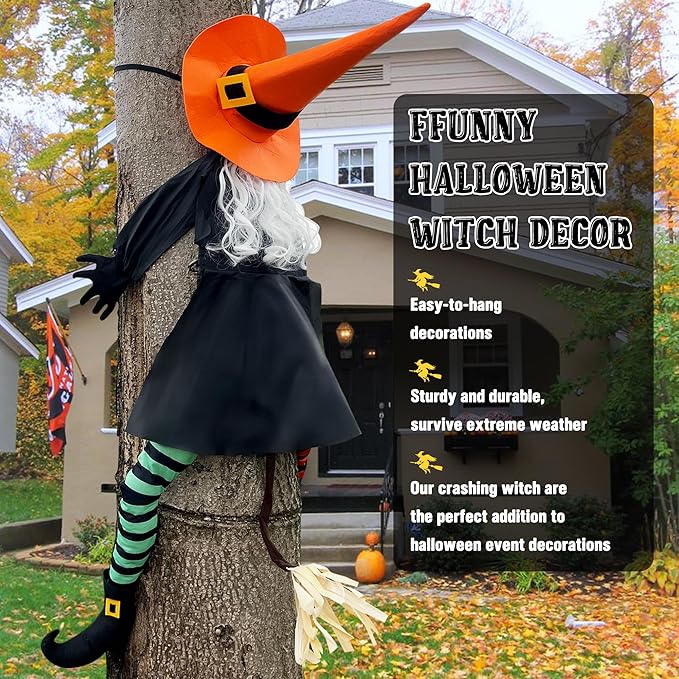 POPGIFTU 53" Halloween Crashing Witch Decoration – Funny Flying Witch for Tree, Yard, Porch & Outdoor Halloween Decor-Ruum Studio Home