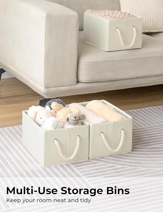 StorageWorks Storage Baskets for Shelves, Foldable Fabric Closet Storage Bins with Handles, Fabric Storage Bins Clothes Organizer, Beige, White & Ivory, 3-Pack, Small-Ruum Studio Home