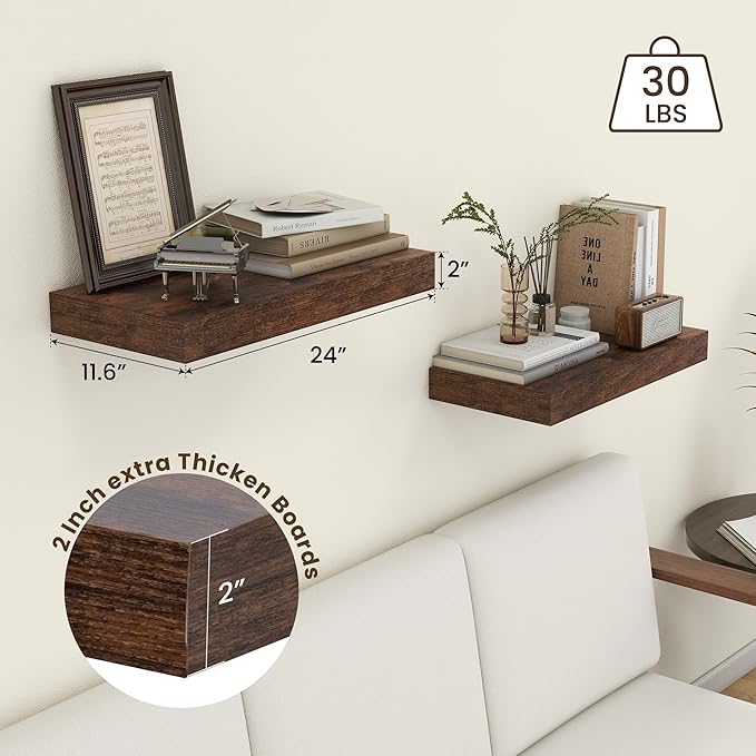 Deep Floating Shelves, 12 Inch Deep Rustic Floating Shelves Set of 2, 24 Inch Large Wall Mounted Wood Shelves for Books Laundry Room Living Room Bedroom Kitchen Home Office - Rustic Brown-Ruum Studio Home