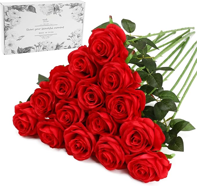 Red Fake Roses Artificial Flowers - 16 Pcs Fake Artificial Roses Silk Flowers with Stems for Home Wedding Hotel Office Centerpiece Decor-Ruum Studio Home