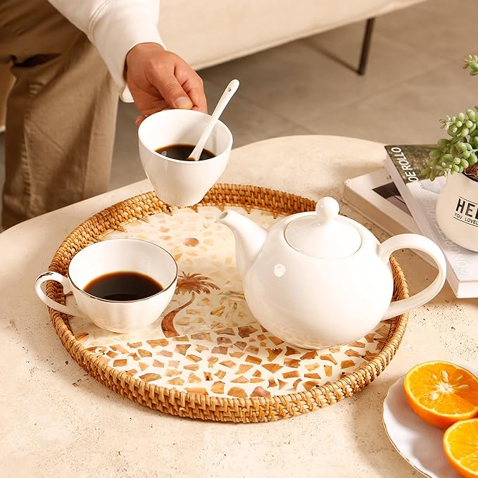 Round Rattan Tray with Mother of Pearl Inlay & Wooden Base - Decorative Wicker Serving Tray for Coffee/Bread/Fruits, Food Storage & Display - Multipurpose Home Decor (L,Island)-Ruum Studio Home