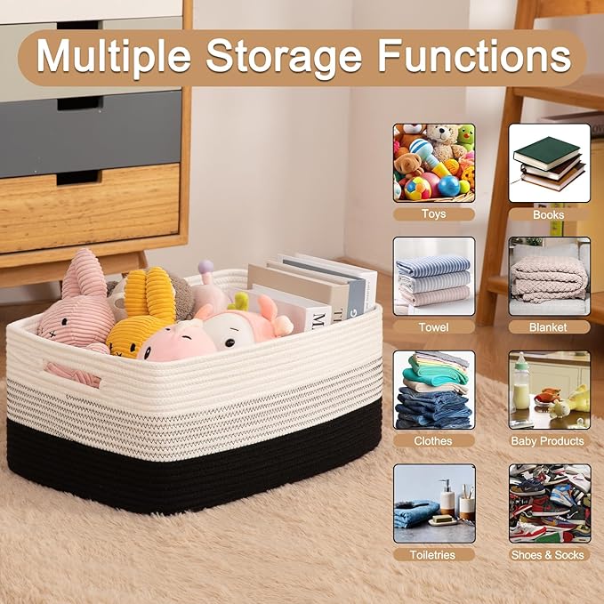 Large Storage Basket for Organizing, Woven Rope Basket for Shelves, Closet Organizer Bins for Clothes, Blanket, Toys, Baby Nursery Storage, 17.7" x 13" x 7.87", 2 Packs Gradient Black-Ruum Studio Home