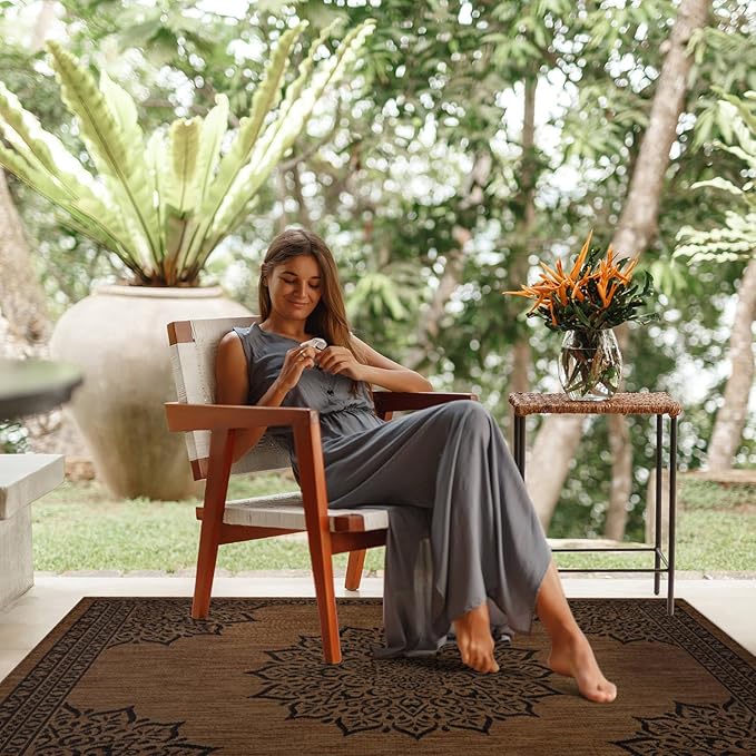 CAMILSON Outdoor Rug, 5x7 Medallion Nut Brown Black Modern Area Rugs for Indoor and Outdoor Patios, Kitchen and Hallway Mats, Washable Porch Deck Outside Carpet (Medallion Nut Brown Black, 5 x 7)-Ruum Studio Home
