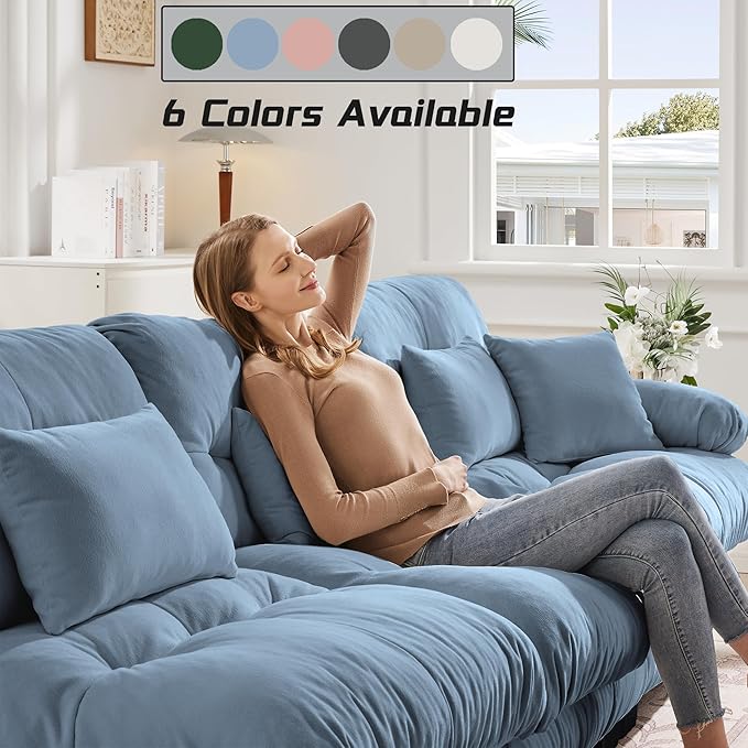 Modular Sectional Sofa, Comfy Cloud Couch 3 Seater Couch, Sectional Couches for Living Room, Modern Chenille Oversized Couches for Bedroom, Sleeper Deep Seat Sofa with Throw Pillows, Blue-Ruum Studio Home