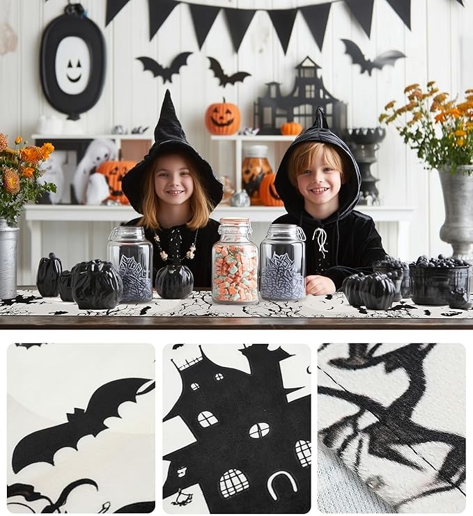 Halloween Table Runner,72 Inches Spooky Haunted House Bats Tree Ghost Witch Table Runner for Halloween, Table Decoration/Party Dinner Table Decor,Kitchen,Mantel,Bedroom Decoration-Ruum Studio Home
