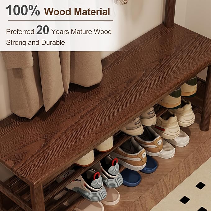 Hall Tree, Coat Rack with Shoe Storage, Wooden Hall Tree with Bench, 11 Hooks and 2-Tier Storage Shelves, Entryway Bench with Coat Rack (39.3" - Deep Walnut)-Ruum Studio Home