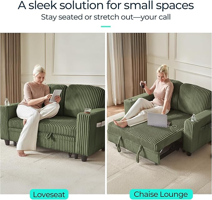 LINSY HOME Loveseat Sofa with Pull Out Couch Chaise: 2-in-1 Convertible 2 Seater Sofa with USB Charging & Cup Holders, Comfy Plush Corduroy Love Seat for Small Spaces Living Room Apartment, Green-Ruum Studio Home