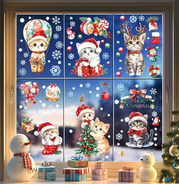 Christmas Window Clings Decorations - Cute Funny Double-Sided Static Stickers for Glass Windows and Doors, Perfect Decorations, with Cat Kitten Pattern, Reusable 9 Sheets-Ruum Studio Home
