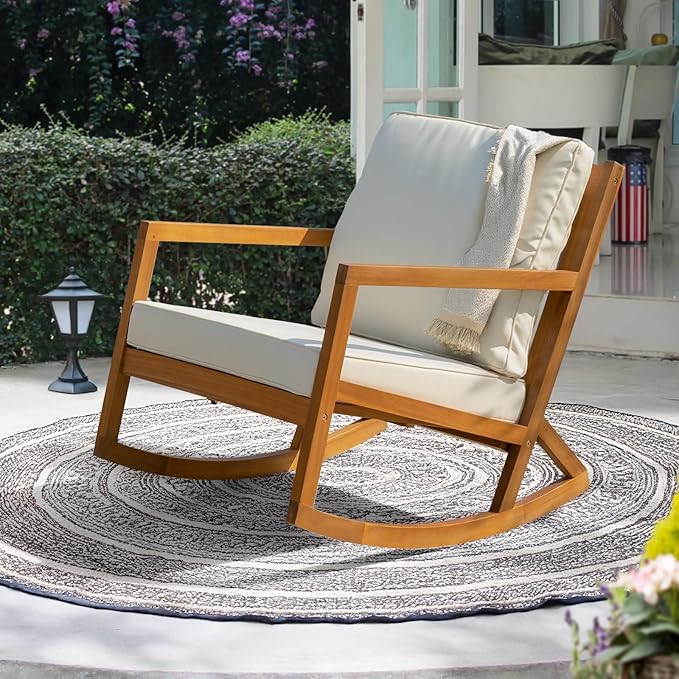 IDZO Club Rocking Chair 500lbs Capacity with Inclined Backrest, Thick Foam Cushion, Solid Acacia Wood Rocker for Patio, Backyard, Balcony, Porch-Ruum Studio Home