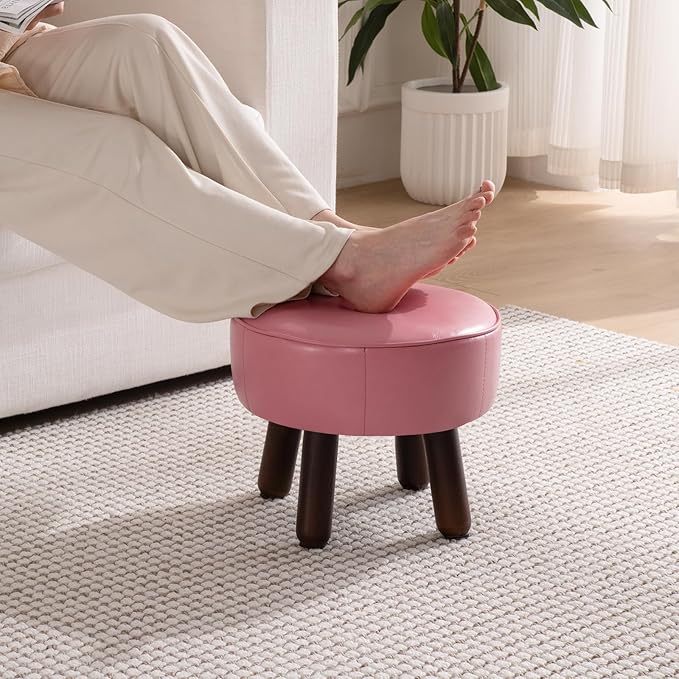 Small Foot Stool Round Pouf Ottoman, 13'' Leather Foot Rest with Non-Skid Rubber Legs, Foolstool Ottomans for Couch, Sofa Footrest Step Stool for Living Room Bedroom Entryway Office, Pink-Ruum Studio Home