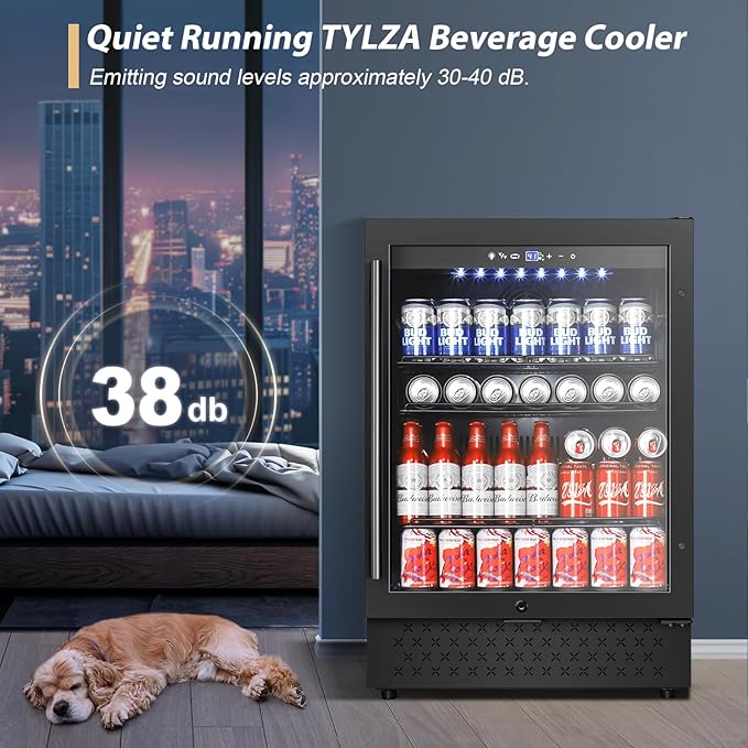 Tylza Beverage Refrigerator 24 Inch, Under Counter/Freestanding Drink Fridge, 190 Cans Beverage Cooler with Glass Door, Reversible Door, Low Noise, Quick Cooling - for Beer, Soda, ETC, Black-Ruum Studio Home