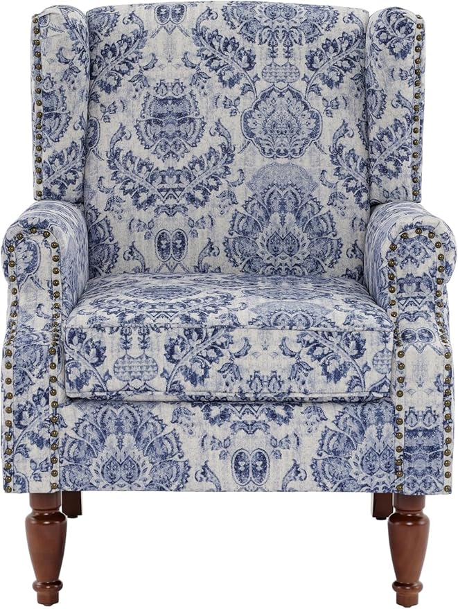 UIXE High Back Floral Accent Chair, Fabric Upholstered Armchair for Living Room, Retro Wingback Arm Chair with Solid Wood Legs, Nailhead Trim Single Sofa Bedroom Reading Seat - Navy Blue-Ruum Studio Home