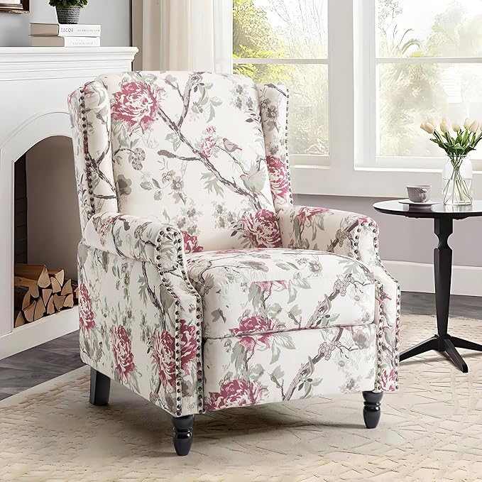 UIXE Pushback Recliner Chair, Fabric Upholstered Armchair Push Back Accent Chair for Living Room, Rivet Trim Home Theater Single Sofa Bedroom Reading Seat with Footrest - Beige Floral-Ruum Studio Home