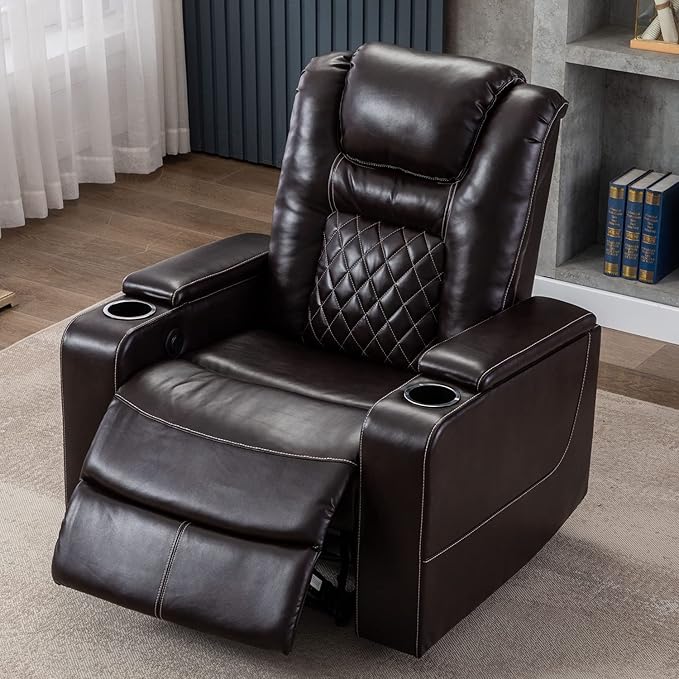 CANMOV Electric Power Recliner Chair with USB Ports and Cup Holders, Breathable Leather Home Theater Seating with Hidden Arm Storage (Brown)-Ruum Studio Home