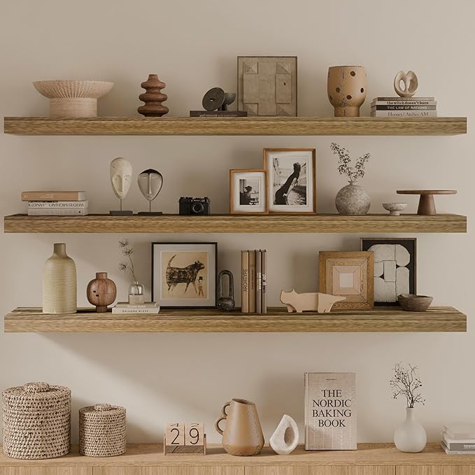 48 Inch Floating Shelves, 8 Inch Deep Floating Shelves for Wall, Hanging Shelf with Invisible Brackets, Wall Mounted Display Shelves for Bathroom, Bedroom, Living Room,3 Tier-Ruum Studio Home