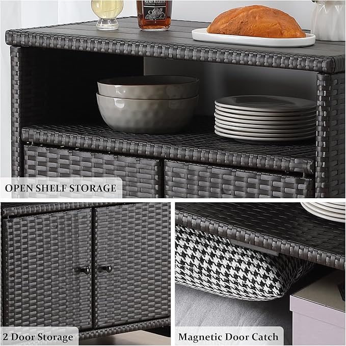 Outdoor Wicker Storage Cabinet - Patio Bar Table with Wheel,Outdoor Buffet Cabinet Movable,Garden Weather-Proof Bar Table/Cart for Indoor&Outdoor (Dark Brown)-Ruum Studio Home