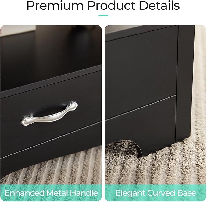 LINSY HOME Farmhouse Coffee Table with Storage, Wood Coffee Table for Living Room, Open Display Area and Storage Drawers with Metal Handles, Chic Style with Curved Base, Black-Ruum Studio Home