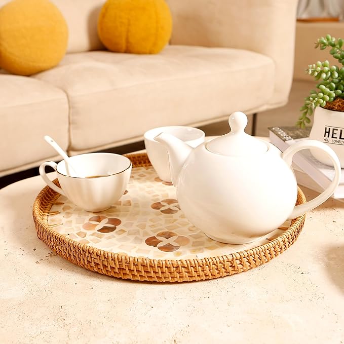 Round Rattan Tray with Mother of Pearl Inlay & Wooden Base - Decorative Wicker Serving Tray for Coffee/Bread/Fruits, Food Storage & Display - Multipurpose Home Decor (M,Four-Petal Flower)-Ruum Studio Home
