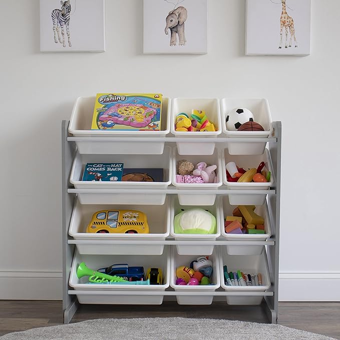 Humble Crew Kids Toy Storage Organizer with 12 Plastic Bins, Grey/White – Removable Bins for Playroom, Bedroom, Toddler Furniture for Boys and Girls Ages-Ruum Studio Home