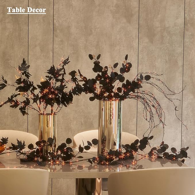 Birchlitland Halloween Black Maple Garland with Lights Timer 48 LED Orange and Warm White Fairy Lights, Battery Operated for Indoor and Outdoor Halloween Party Decoration-Ruum Studio Home