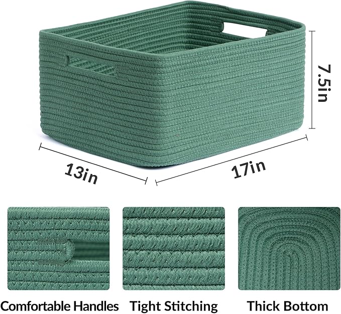 Large Storage Baskets for Shelves, Closet Organizers Bins for Clothes Blanket Towels, Baby Nursery, Toy Baskets Box, Woven Rope Baskets, 17 x 13 x 7.5”, 2 Packs Green-Ruum Studio Home