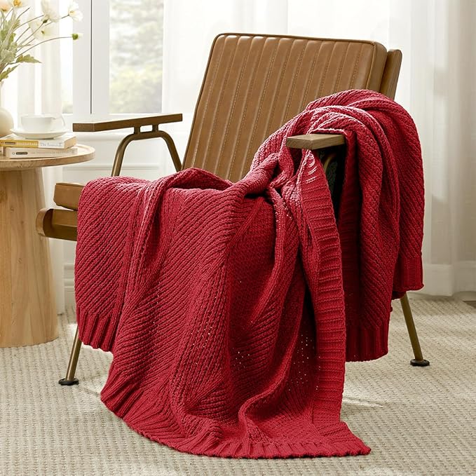 Amélie Home Chenille Knit Throw Blanket for Couch, Chevron Texture Decorative Soft Blanket for Sofa, Bed & Chair, 50"x60", Red-Ruum Studio Home