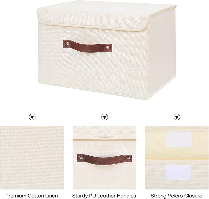 ANMINY 2PCS Storage Bins with Lid PU Leather Handles Storage Boxes PP Plastic Board Decorative Foldable Lidded Cotton Linen Fabric Home Cubes Baskets Closet Organizer Containers - Beige, Large Size-Ruum Studio Home