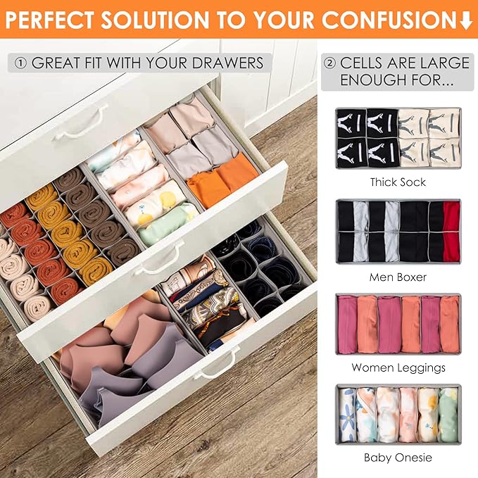 6 Pack Sock Underwear Drawer Organizer Dividers, 58 Cell Foldable Fabric Dresser Closet Organizers and Storage Bins for Clothing, Baby Clothes, Bra, Panty, Scarf, Ties (Grey)-Ruum Studio Home