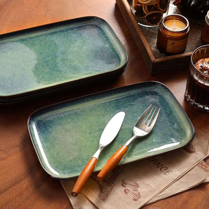 vancasso Stern Serving Platters Set of 4, 11 Inches Rectangular Ceramic Serving Plates, Green Serving Trays for Entertaining-Ruum Studio Home
