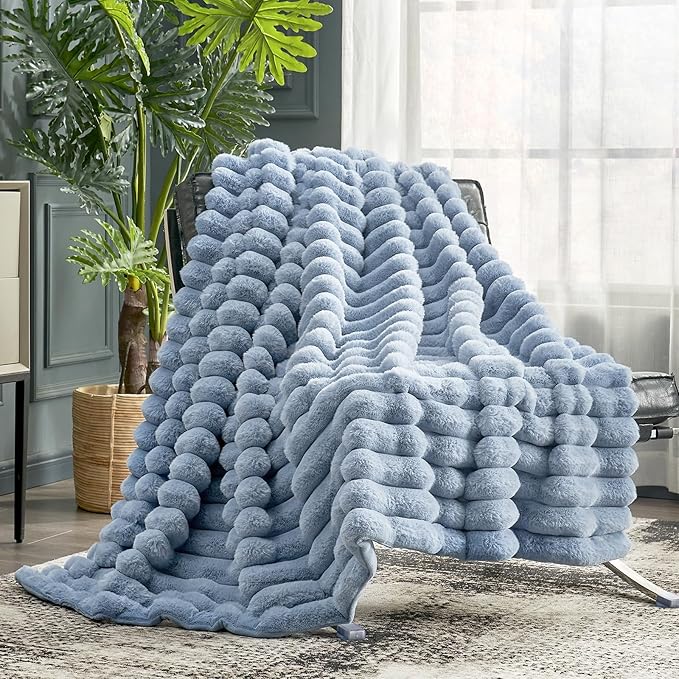 Cozy Bliss Faux Fur Throw Blanket for Couch, Cozy Warm Plush Striped Blanket for Sofa Bedroom Living Room,50 * 60 Inches Light Blue-Ruum Studio Home
