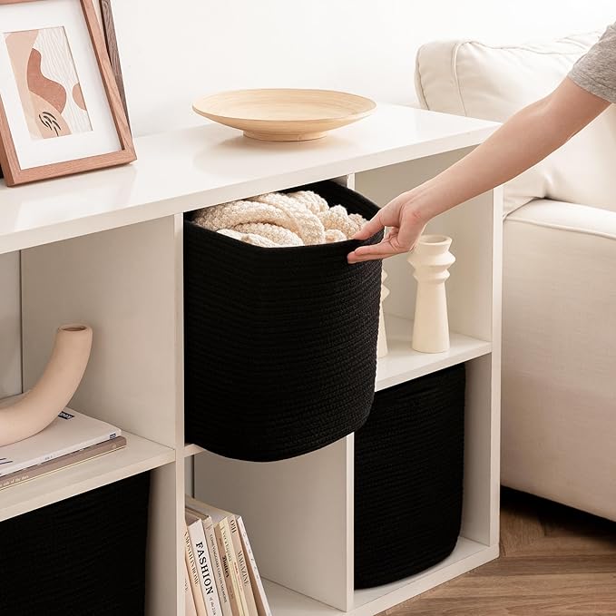 joybest Cube Storage Bins Set of 4, 13inch Cube Baskets Organizer for Nursery, Square Cotton Rope Baskets for Shelves Organizing, Kids Toy, Closet Storage, Black-Ruum Studio Home