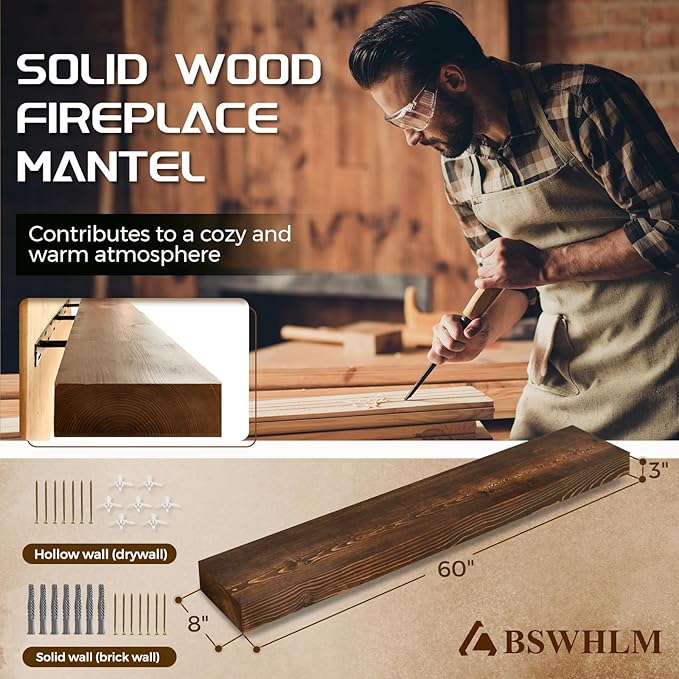 60x8x3 Fireplace Mantel - Solid Rustic Wood - Wall Mounted Floating Shelf with Invisible Heavy Duty Steel Bracket (Weathered Brown)-Ruum Studio Home