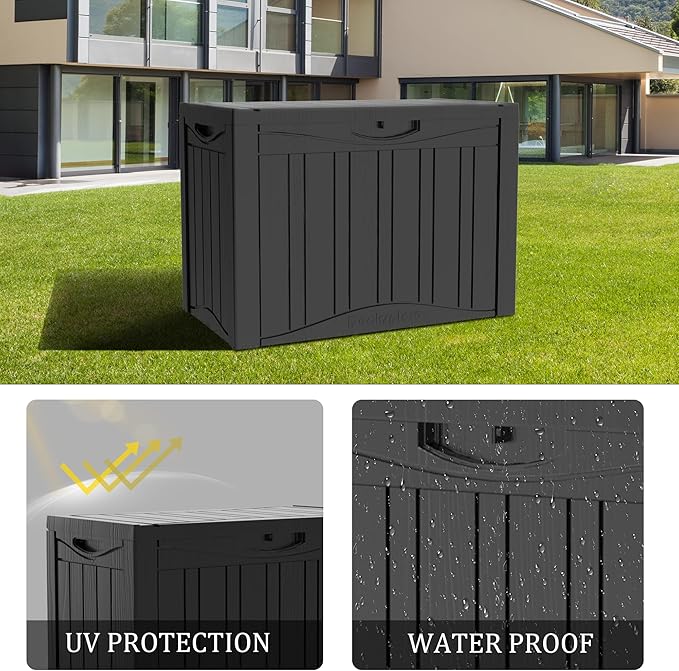45 Gallon Double-Wall Resin Deck Box - Lockable Waterproof Outdoor Storage Box, 515lbs Capacity & Doubles as Seating for Patio Furniture - Garden Tools, Pool Accessories (Black)-Ruum Studio Home