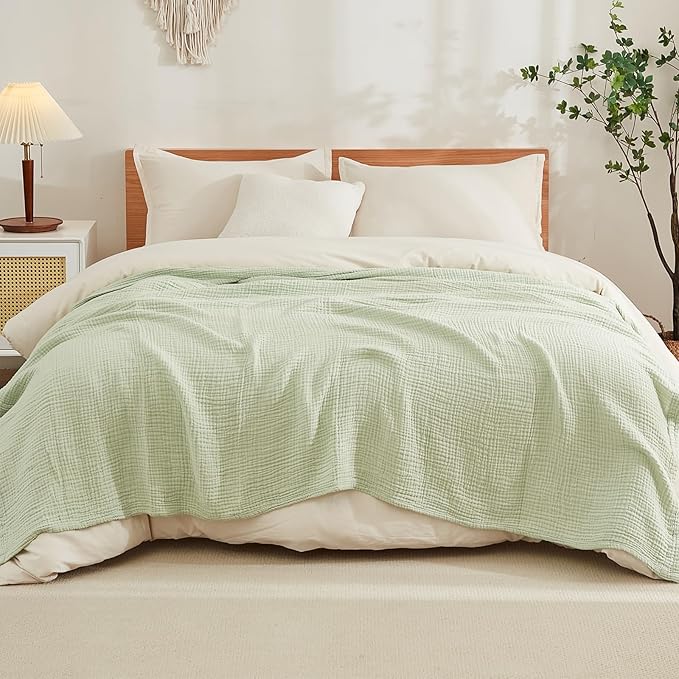 EMME Cotton Blanket Queen Size for Bed Soft Large Muslin Bed Blankets 90"x90" Lightweight Breathable All Season Gauze Blanket, Mint Green-Ruum Studio Home