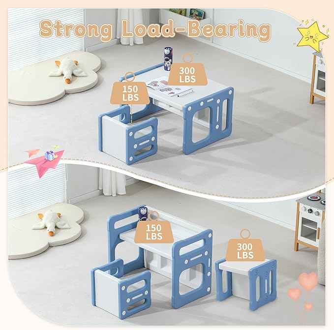 3 in 1 Montessori Weaning Table and 2 Chairs Set, Kids Activity Table Set, 2 Height Levels, Toddlers Activity Table for Drawing, Dining, Reading and Playing, Blue-Ruum Studio Home