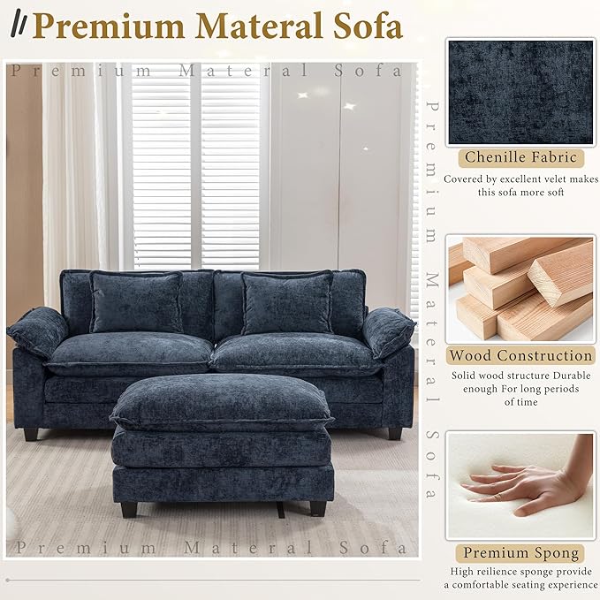 URRED Modular Sectional Sofa Comfy Cloud Couch, Modern Chenille Sofa Sleeper Deep Seat Couches with Ottoman/Pillows for Living Room (Blue, 82.6''- L Shape)-Ruum Studio Home