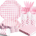 350 Pcs Pink Gingham Plates and Napkins Party Supplies - Pink and White Checkered Plates Sets Serve 50 Guests - Scalloped Gingham Paper Plate for Birthday Wedding Picnic Party Decorations-Ruum Studio Home