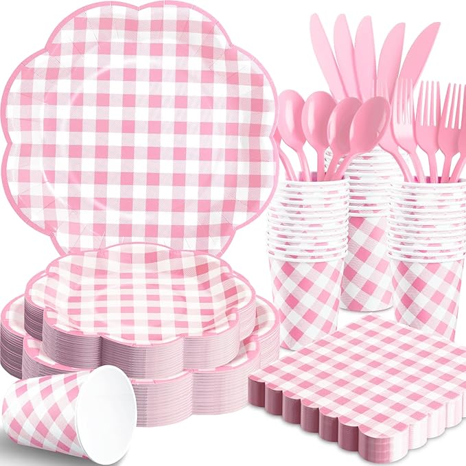 350 Pcs Pink Gingham Plates and Napkins Party Supplies - Pink and White Checkered Plates Sets Serve 50 Guests - Scalloped Gingham Paper Plate for Birthday Wedding Picnic Party Decorations-Ruum Studio Home
