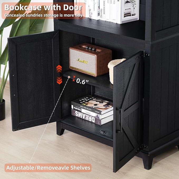 70in Tall Bookshelf 5 Tier Bookcase with Barn Doors and Adjustable Shelves, Black Farmhouse Book Shelf with Storage Cabinet, Wood Freestanding Display Bookshelves for Bedroom, Kitchen (2PCS)-Ruum Studio Home