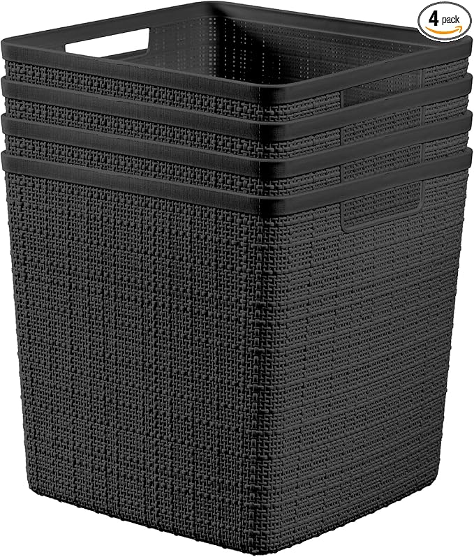 Curver Set of 4 Jute Large Cube Decorative Plastic Organization and Storage Baskets, Perfect Bins for Home Office, Closet Shelves, Kitchen Pantry and All Bedroom Essentials, Black-Ruum Studio Home