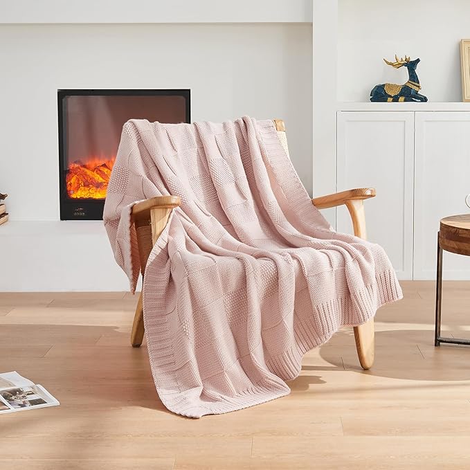 CozeCube Check Knit Throw Blanket, Pink Checkered Throw for Couch, Decorative Christmas Soft Cozy Warm Knitted Blanket for Bed Sofa Living Room, 50"X60"-Ruum Studio Home