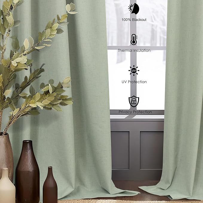 Light Sage Green Linen Textured Blackout Curtains 102 Inch Length 2 Panel Back Tab Sound Draft Cold Sun Blocking Winter Curtains Noise Reducing Retro Moody Drapes Living Room Divider Bedroom 102 Long-Ruum Studio Home